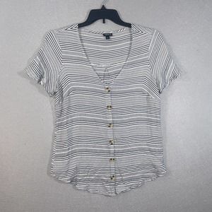 Torrid Top Womens 2 Gray White Striped Cap Sleeve V Neck Stretch Casual Buttons